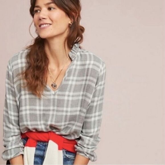 Anthropologie Cloth & Stone Metallic Plaid Ruffle Neck
Flannel Top Womens Medium - Picture 1 of 5
